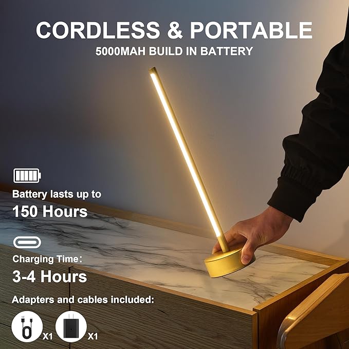KARTOOSH Cordless LED Table Lamp, Battery Operated Portable Desk Lamp,Dimmable/3 Color/Memory Function,Modern Rechargeable Table Light for Living Room,Bedroom,Bedside,Gold