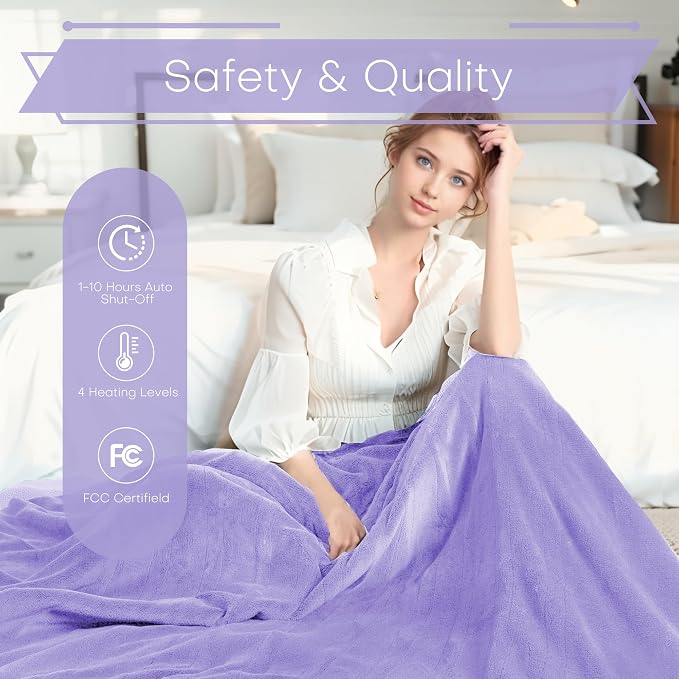 Electric Heated Blanket Queen Size 84"x90", Dual-Sided Coral Fleece & Sherpa Fabric, 4 Heat Settings & 10H Auto Off, Soft Warm for Home Office Bed Couch, Machine Washable, Dual Control, Light Purple