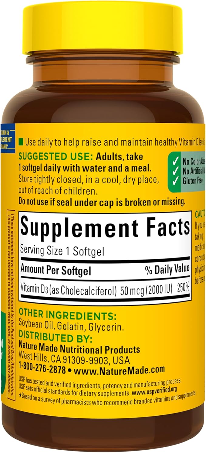 Nature Made Vitamine D3 2000 UI (50 µg), Complément de Vitamine D pour le Soutien de la Santé des Os, des Dents, des Muscles et du Système Immunitaire, 90 Gélules, Approvisionnement de 90 Jours