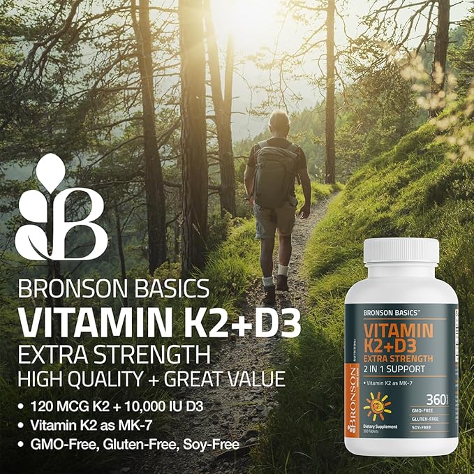 Bronson Vitamine K2 (MK7) avec D3 Supplément Force Extra 2 en 1 Soutien, 10 000 UI Vitamine D3 & 120 mcg K2 MK-7, 200 Comprimés