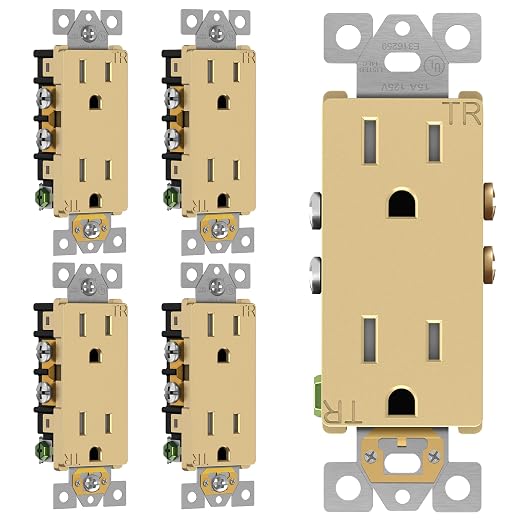 ENERLITES, Gold Elite Series Decorator Receptacle Outlet Child Safe Tamper-Resistant, Self-Grounding, 2-Pole, Residential Grade, 15A 125V, UL Listed, 61501-TR-GD5P, Gold (5 Pack)