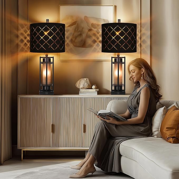 Modern Table Lamp Set of 2, Nightstand Lamps with Black Grid Shade, Bedside Lamps with USB A+C Charging Ports, Decorative Table Lamp, Square Base, Desk Lamps for Living Room, Bedroom, 2 Bulbs Included