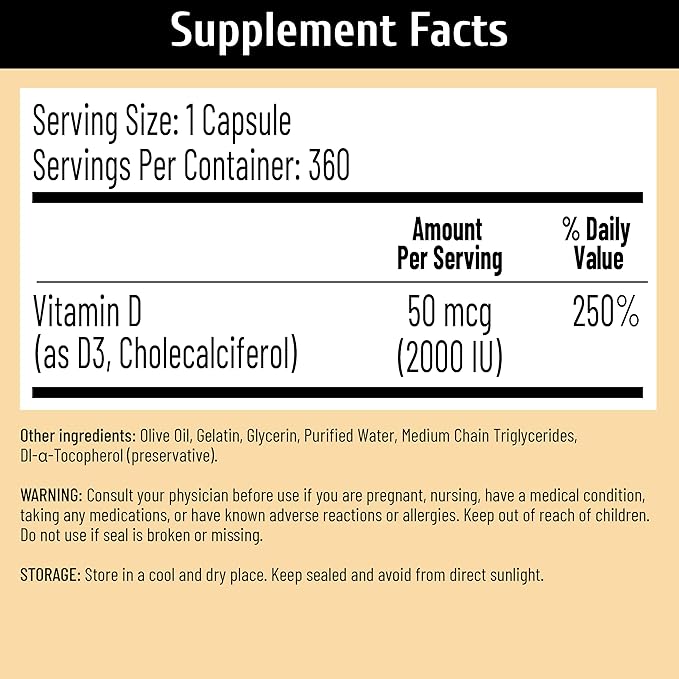 Vitamine D3 2000 UI (50 mcg) avec Vitamine D3 Provitas® de qualité USP, huile d'olive double et TCM pour une meilleure absorption, soutien des os, des muscles et du système immunitaire, sans OGM, approvisionnement de 360 jours