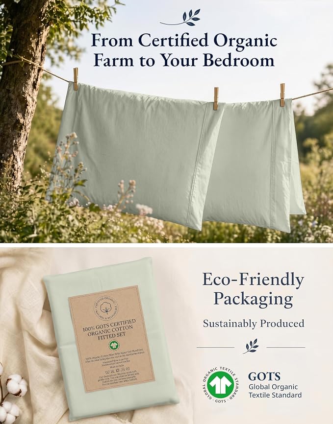 LANE LINEN Twin XL Fitted Sheet, 100% Organic Cotton 2-Piece Set (1 Fitted Sheet, 1 Pillowcase), Percale Weave, Bottom Sheet, Soft, Breathable, Fits Mattress Upto 15" Deep - Mineral (No Flat Sheet)