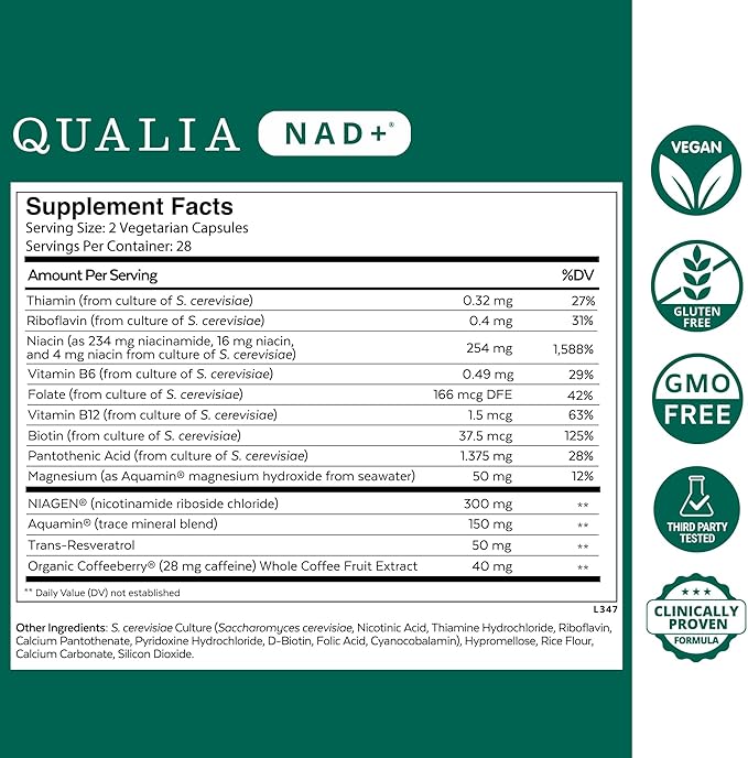 クオリアNADサプリメント—NAD+を最大67%増加させることが臨床的に証明済み。加齢、エネルギー、集中力を最適化。エリートNAD+ブースター成分：ニコチンアミド リボシド（NIAGEN）、ナイアシン、ナイアシンアミド（1ヶ月分）