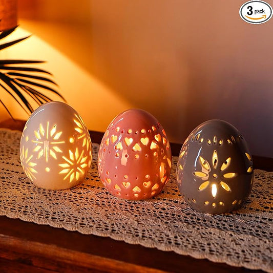 JHY DESIGN Set of 3 Ceramic Decorative Lamp 4" H Mood Lamp Battery Powered Floral Carved Cordless Light Great for Living Room Bedroom Weddings Parties Patio Events (Egg)
