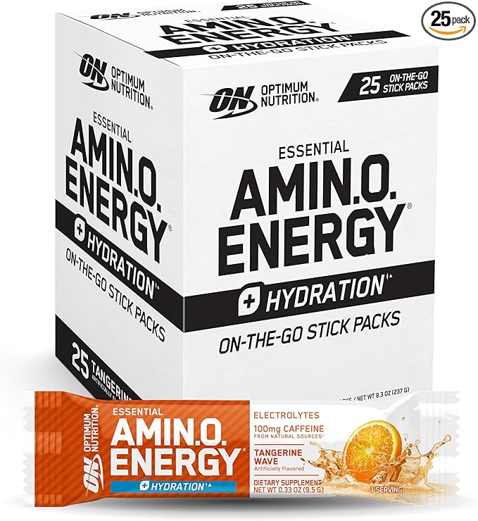 Optimum Nutrition Amino Energy Hydration Packets, On-The-Go Energy Powder Stick Packs, Tangerine Wave, 25 Count