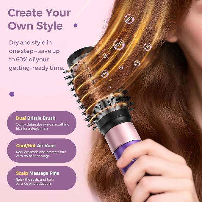 Vincofy 7 in 1 Blow Dryer Brush Set – Hot Air Styler for Fast Drying, Curling, Straightening & Volumizing – Ionic Hair Dryer Brush with 1500W Power – No Heat Damage for All Hair Types – Lilac