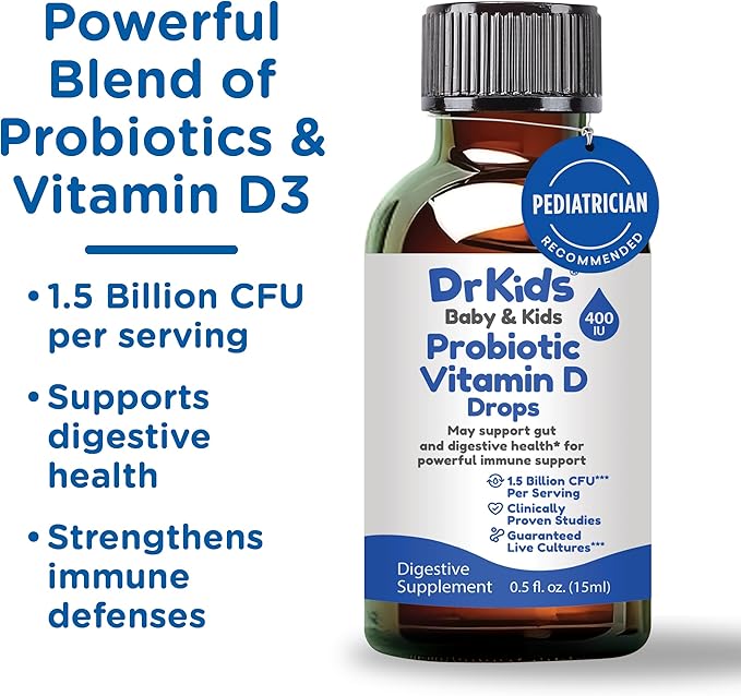 Dr. Kids Probiotic Vitamin D Drops – Supports Infant & Child Gut Health, Helps Reduce Gas, Colic & Fussiness, Baby Probiotic Drops with Vitamin D3, Pediatrician Recommended, Unflavored, 0.5 fl oz