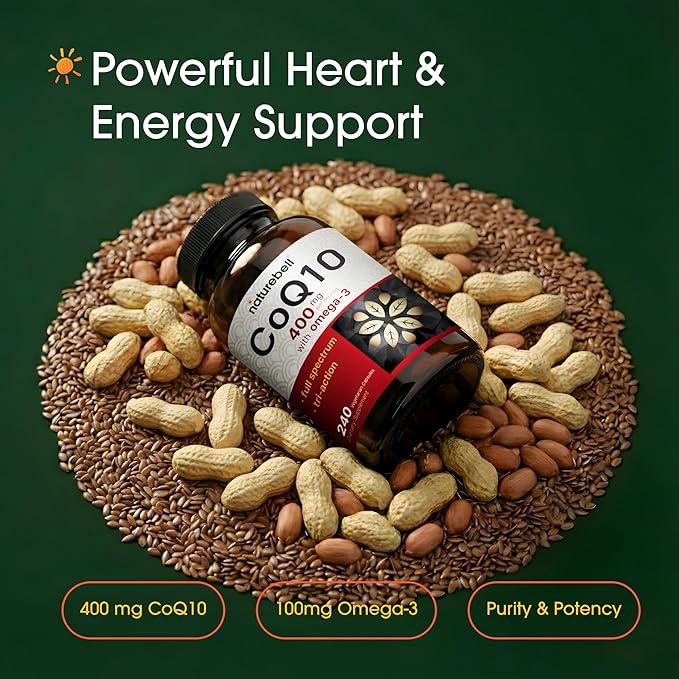 NatureBell CoQ10 400mg with Omega-3-240 Capsules - Antioxidant Supplement for Heart & Energy Health Support - Supports Cellular Energy* - Extra Strength Coenzyme Q10