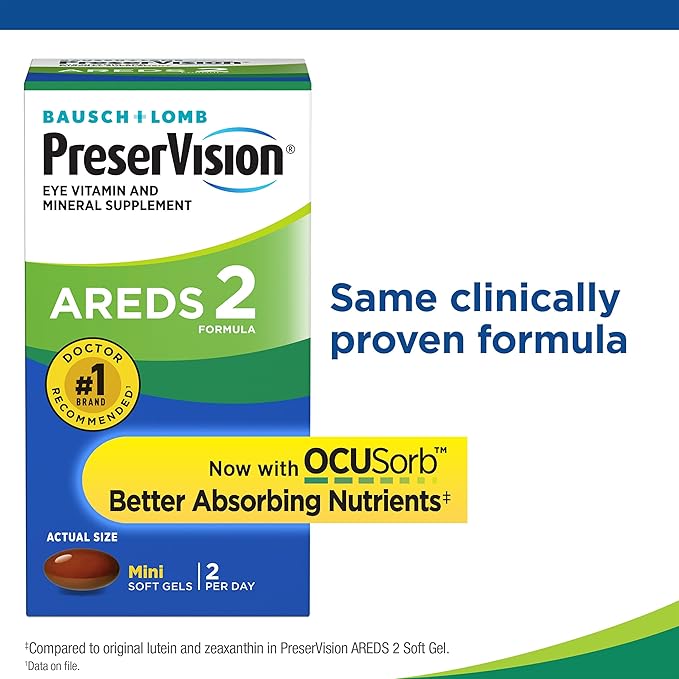 PreserVision AREDS 2 Eye Vitamins, #1 Eye Doctor Recommended Brand, Lutein and Zeaxanthin Supplement with Vitamin C, Vitamin E, Zinc, and Copper, Softgels (Minigels), 120 Count (Pack of 2)