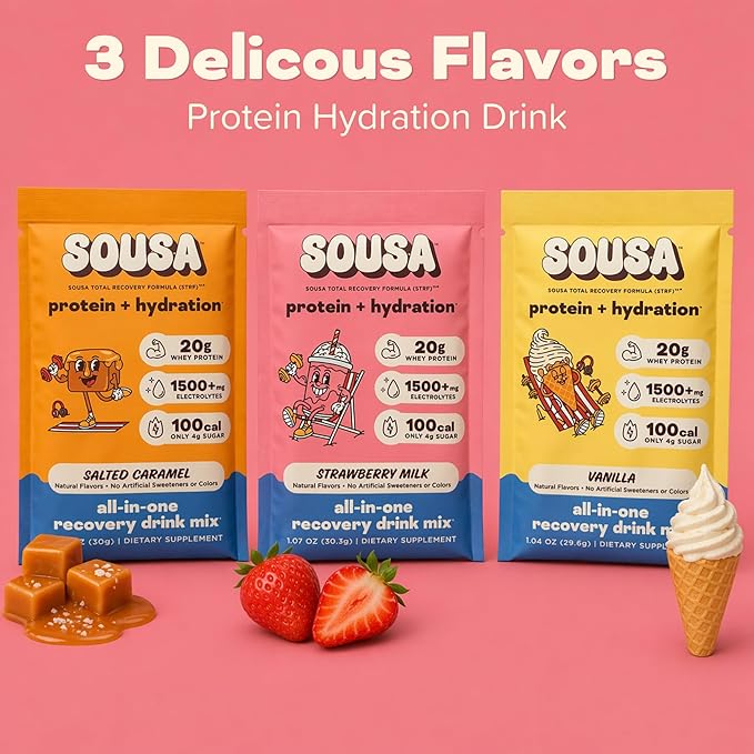 Sousa Protein + Hydration Total Recovery Formula, 20g Protein, 1500mg Electrolytes, Vitamins C, B3, B6, B12, 14 Servings (Strawberry Milkshake)