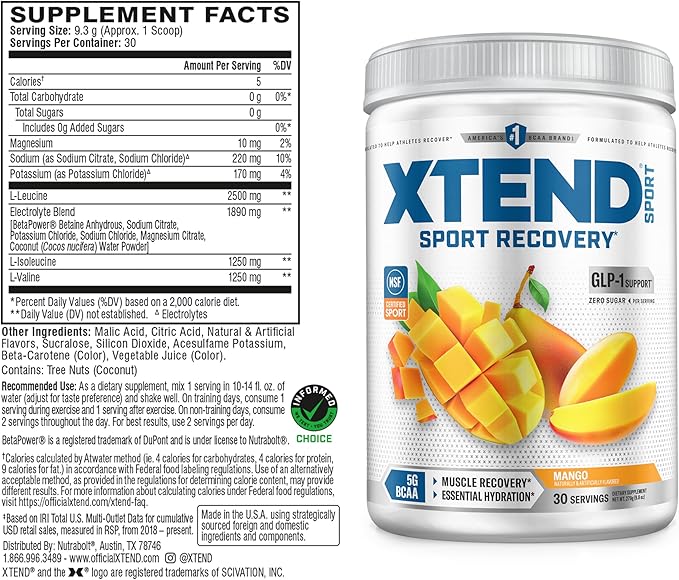 Xtend Sport BCAA Powder Mango - Electrolyte Powder for Recovery & Hydration with Amino Acids - 30 Servings