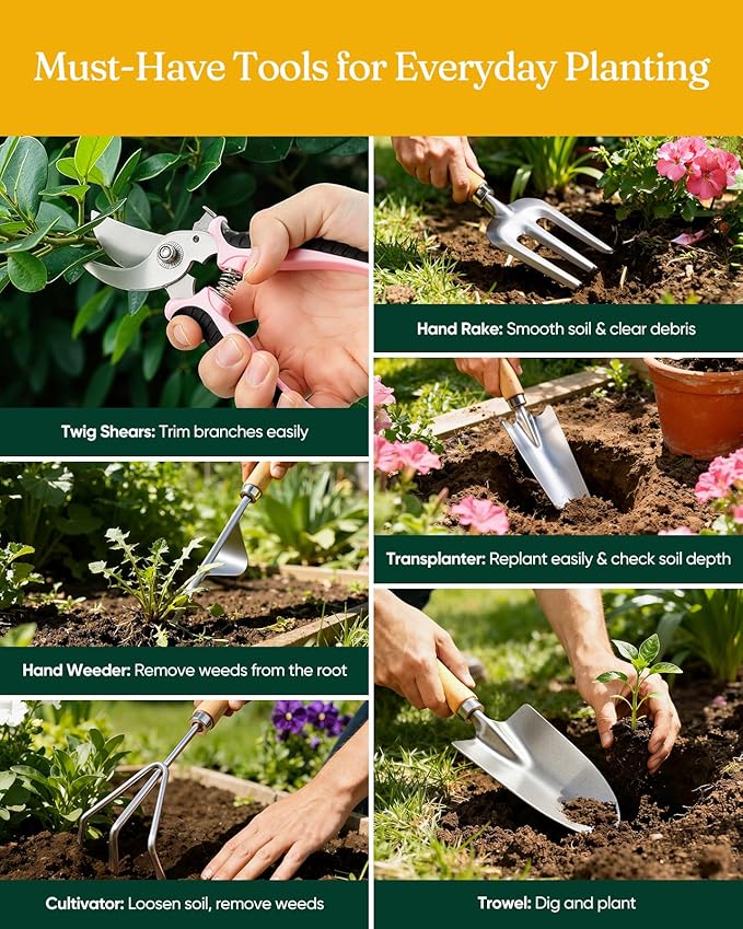 Grenebo 12-Piece Womens Gardening Tools Gift Set, Rust-Proof & Heavy-Duty Garden Tools with Durable Carrying Case, Fashionable & Thoughtful Gardening Gifts for Women&Men (Pink-Silver)