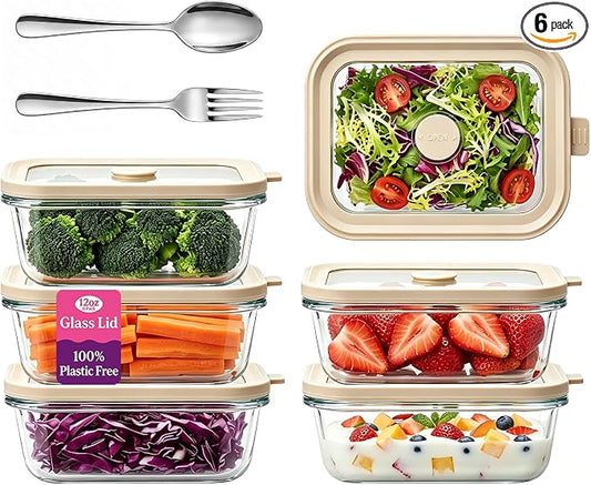 12 oz Small Glass Food Storage Containers with Glass Lids,1.5 Cup Glass Meal Prep Containers, Non Toxic Lunch Containers for Microwave, Oven, Freezer and Dishwasher Safe, 6 Pack