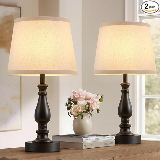 Lamp for Bedroom Set of 2 - 19" Small Bedside Table Lamps with Rotary Swithch - Modern Lamps for Living Room Night stands - Desk Lamps for Home Office End Tables with Fabric Linen shade for Reading