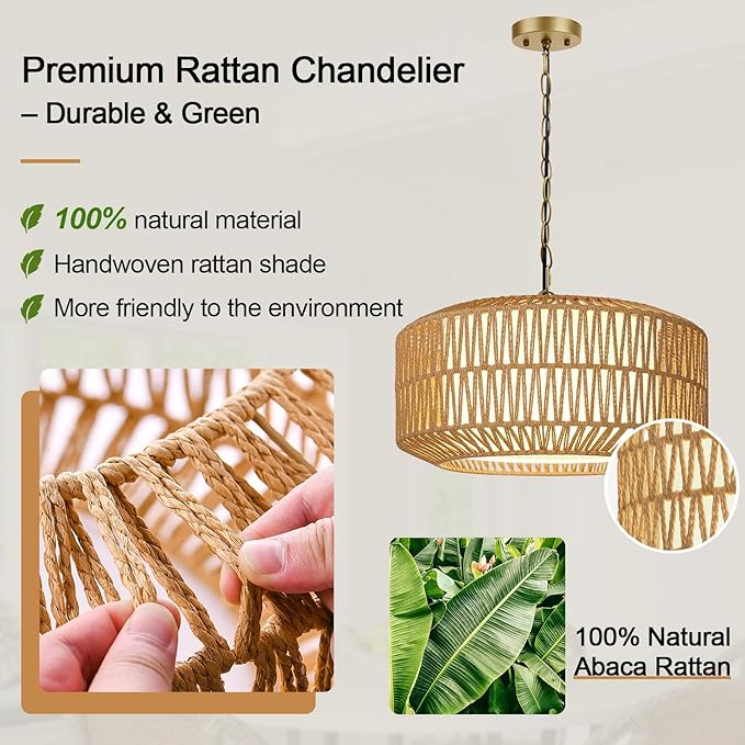9"-52" Height Adjustable Farmhouse Chandelier Light Fixture, 5-Light Rattan Boho Chandeliers for Dining Room, Hand Woven Pendant Light with Linen Shade, Rustic Hanging Lighting for Kitchen Island