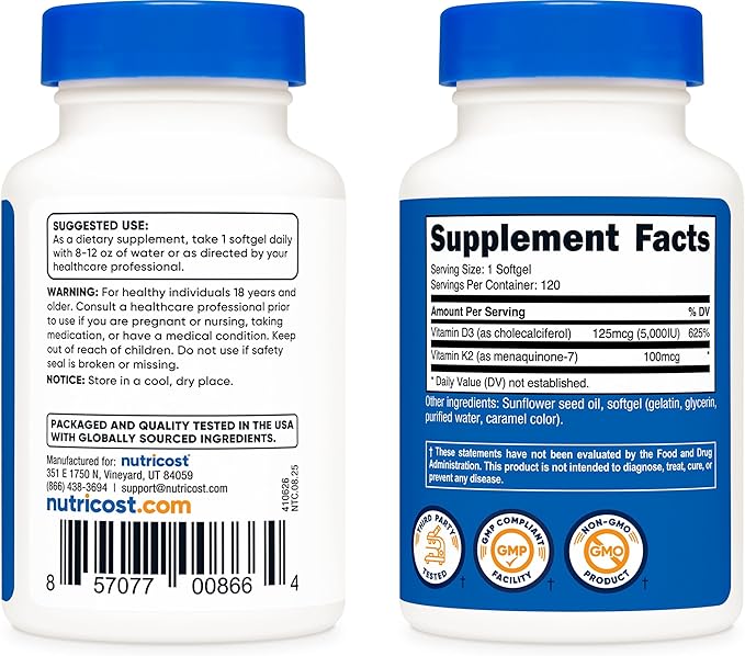 Nutricost Vitamine K2 (MK7) (100mcg) + Vitamine D3 (5000 UI) 120 Gélules Molles - Sans Gluten et Sans OGM
