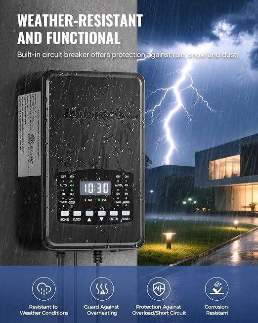 400W Low Voltage Landscape Transformer, 2 Zone Independent Control Landscape Lighting Transformer, 120VAC to 12/14V AC Low Voltage Transformer with Timer & Photocell Sensor ETL Listed D23LT06