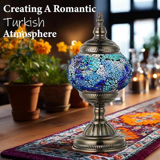 Marrakech Vintage Morrocan Lamp with Tiffany Style, Handmade Turkish Table Lamp with Bronze Base Including LED Bulb for Living Room Bedroom Decor (Shard Blue)