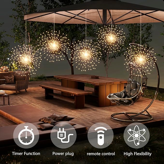 SHUKAN 5 Pcs 1000 LED Plug-in Starburst Sphere Lights, Firework Light 8 Modes Dimmable Remote Control Waterproof Hanging Fairy Light, Copper Wire Lights for Patio Party Tent Christmas (Warm White)