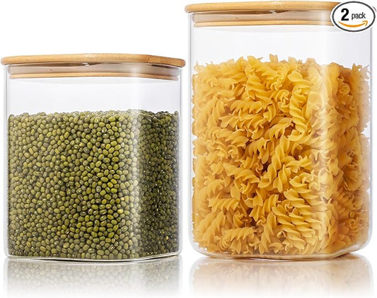 Large Glass Storage Containers 132oz&63oz, Pantry Jars with Bamboo Lids-2P | Square Borosilicate Glass Jar with Airtight Lid Keep Flour, Sugar & Rice Fresh, Fits 3lb Bag, BPA-Free for Pantry Organizer