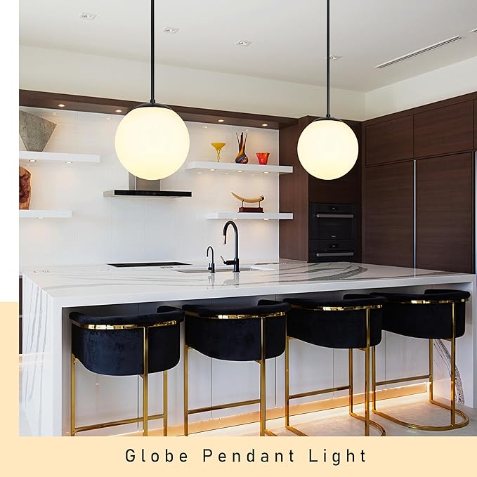 Bagood 14" Globe Pendant Light 3-Light Black Milk Glass Pendant Light Mid Century Modern Light Fixture Globe Pendant Lights Kitchen Island Matte Black Finished with Milk Glass Lampshade for Bedroom