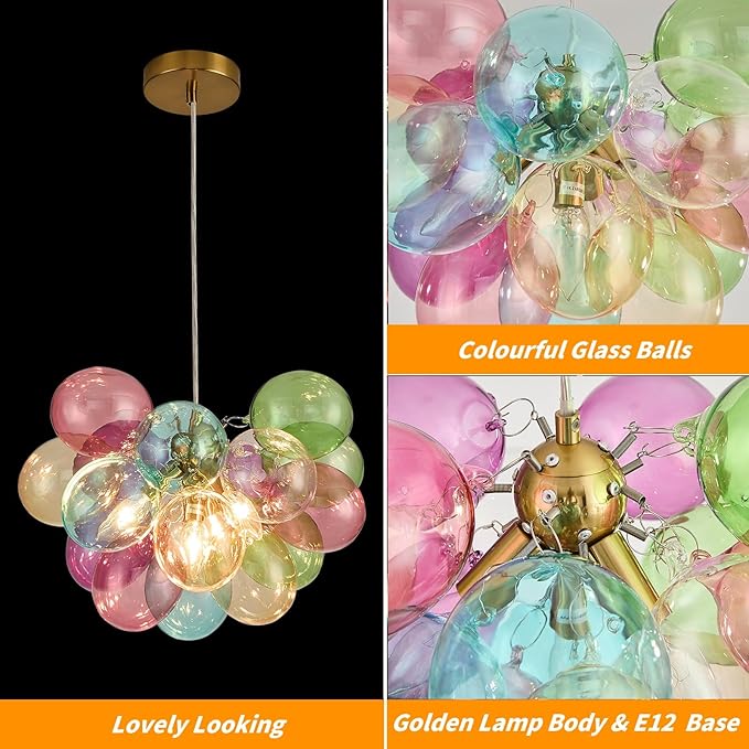 Surpars House Colorful Bubble Balls Chandelier, Modern Glass Ceiling Light, 4 Lights Pendant Lighting Fixture for Bedroom,Livinng Room,Dining Room