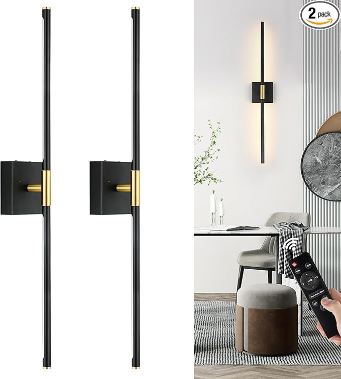 10000mAh Battery Operated Wall Sconces Set of 2, 3 Color Dimmable Rechargeable Wall Light with Remote, 30 Inch Black Gold Wireless Sconces Wall Decor with Timer Function for Living Room, Bedroom, TV