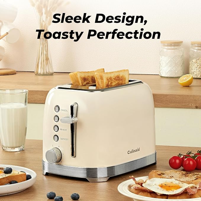 Toaster 2 Slice Retro Stainless Steel with 1.5” Extra Wide Slots Bagel, Defrost, Reheat, Cancel Functions, 6 Bread Shade Settings, Removable Crumb Tray, Cream White