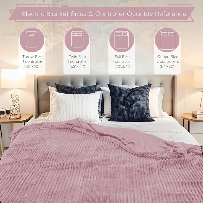 Electric Heated Blanket Queen Size 84"x90" with Cozy Flannel, 6 Heat Settings & 10 Hours Auto Off, Soft & Cozy Warming Throw for Home, Office, or Bed, Machine Washable,Pink