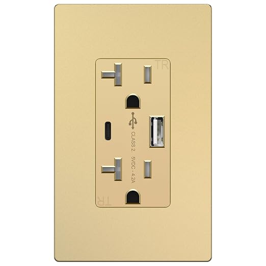 TOPGREENER USB Outlets, 4.2A Type A & Type C USB Wall Outlet, 20 Amp Tamper-Resistant USB Outlets Receptacles, Wall Plate Included, UL Listed, TU22036AC-GDWSI, Gold