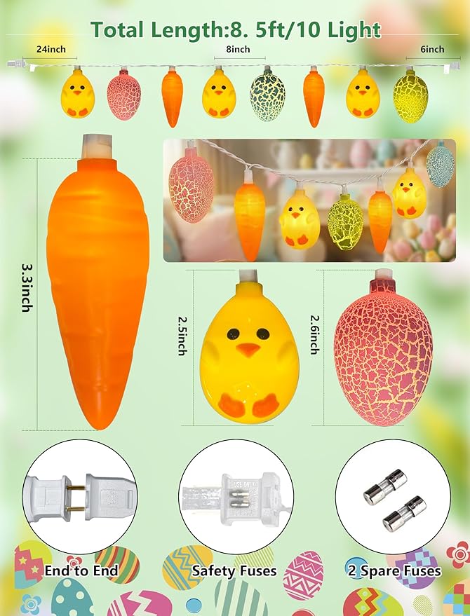 GOOTHY 8.5Ft Outdoor Easter Cracked Egg Chicken and Carrot String Lights Plug in, Hanging Easter Decorations Pastel Lights for Indoor Outdoor Spring Themed Party Patio Garden Birthday Home Decor