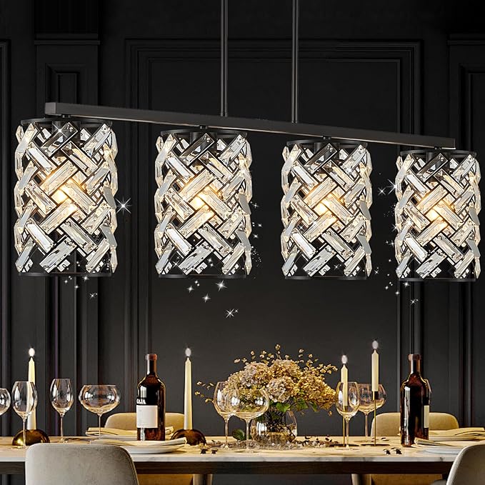 CATINER 40" Crystal Kitchen Island Lighting 4 Lights Modern Black Linear Chandelier Dining Room Light Fixture Over Table Luxury Ceiling Pendant Light Fixture