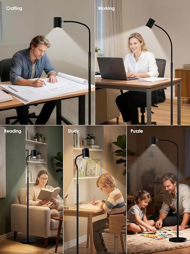 Reading Floor Lamp, 62" Tall LED Floor Lamp, Dimmable Standing Lamp, 7 Brightness & 4 Color Temperature, Adjustable Gooseneck, Touch Control, Task Craft Light for Living Room Bedroom Office,Black