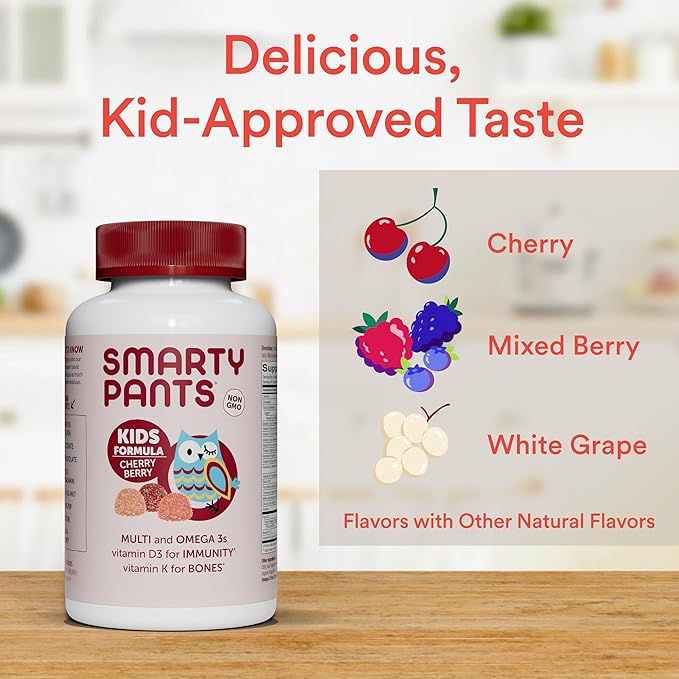 Gommes multivitaminées SmartyPants pour enfants : Huile de poisson Oméga 3 (EPA/DHA), Vitamine D3, C, Vitamine B12, B6, A, K et Zinc pour le soutien immunitaire, Biotine, Saveurs Raisin, Cerise et Baies, 120 unités (30 jours de provision)