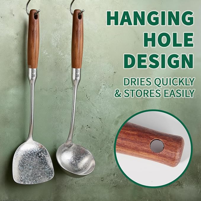 Newness Soup Ladle and Solid Turner, Pure Titanium Soup Spoon and Turner | [Rustproof, Heat Resistance] Resilient, with Long Ergonomic Natural Wooden Round Handle, Non-Toxic Cooking Spoon for Kitchen