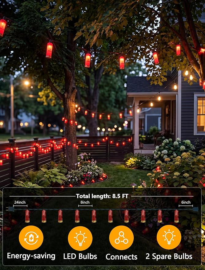 8.5Ft Red Shotgun Shell Christmas String Lights with 10 LED Bullet Shell Lights, Connectable Outdoor Military Style Bullet Light String for Christmas Garden Patio Party Tent Bar Decorations, Green