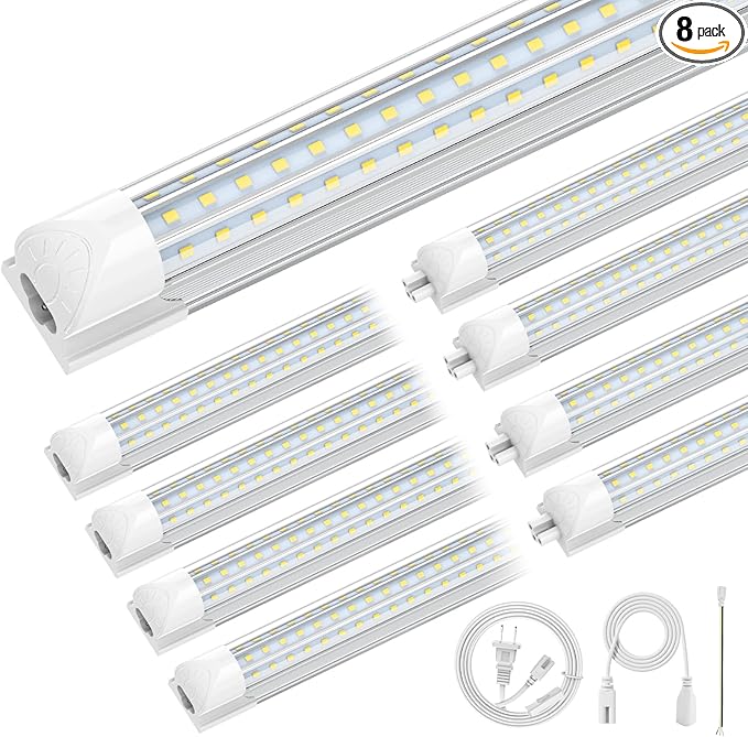 CNSUNWAY Led Shop Lights, 4FT LED Light 50W 7500LM 6500K Daylight White, D Shape Garage Light, Linkable Clear Cover T8 Integrated for Garage Workshop Workbench, ETL Listed(8-Pack)