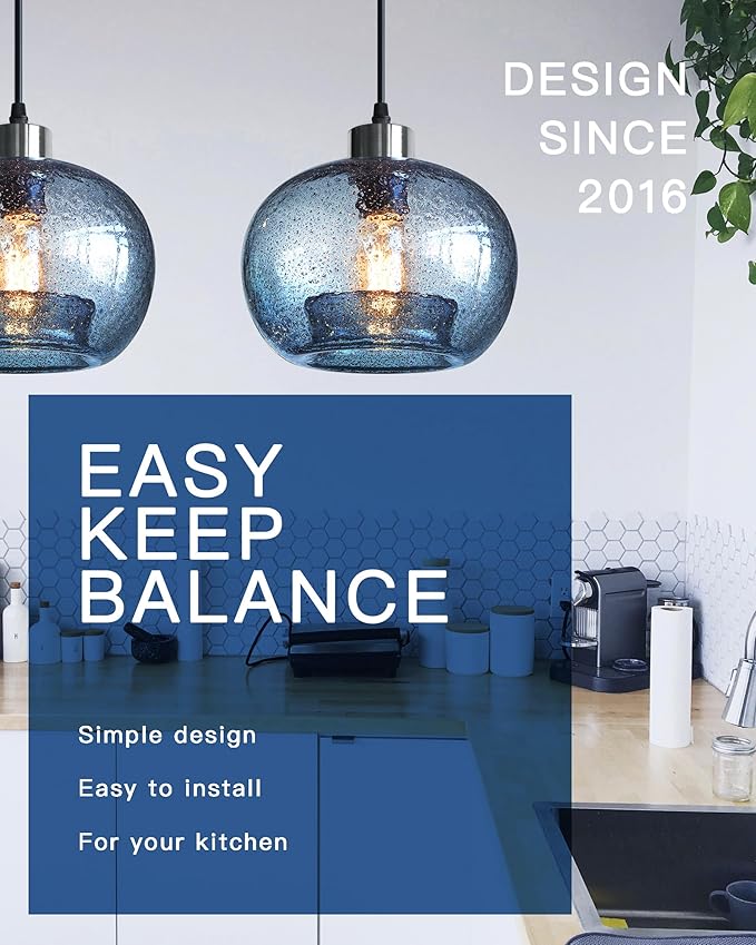 CASAMOTION Hand Blown Glass Pendant Lights Kitchen Island Marble Blue Color Modern Rustic Style Ceiling Hanging Light Fixtures Dining Room Brushed Nickel 8.7 Inch Diameter 2 Pack