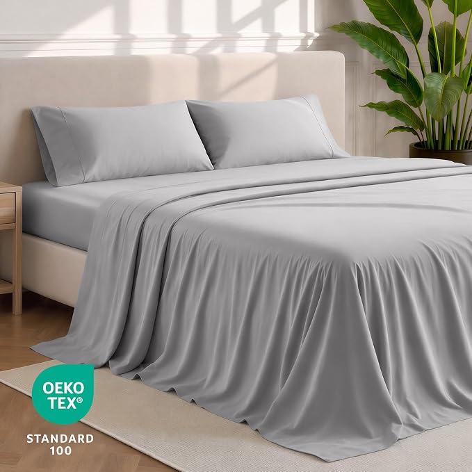 Bare Home Split Head Flex King Sheet Set - 1800 Ultra-Soft Microfiber Bed Sheets - Double Brushed - Deep Pockets - Easy Fit - 4 Piece Set - Bedding Sheets & Pillowcases (Light Grey)
