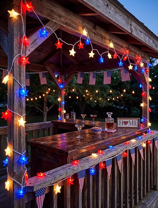 8.5Ft 10LED Red White and Blue Star String Lights, 4th of July Decorations Lights for Outdoor, Connectable LED Patriotic Lights Waterproof for Backyard Patio Flag Day Memorial Day Independence Day