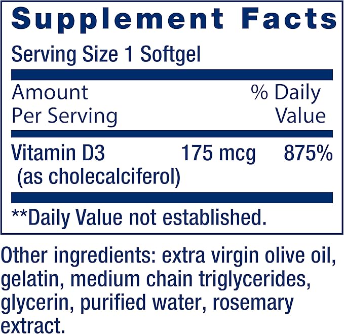 Life Extension Vitamine D3 175 mcg (7000 UI), soutien du système immunitaire, santé des os, performances cérébrales, sans gluten, sans OGM, une fois par jour, approvisionnement de deux mois, 60 gélules molles