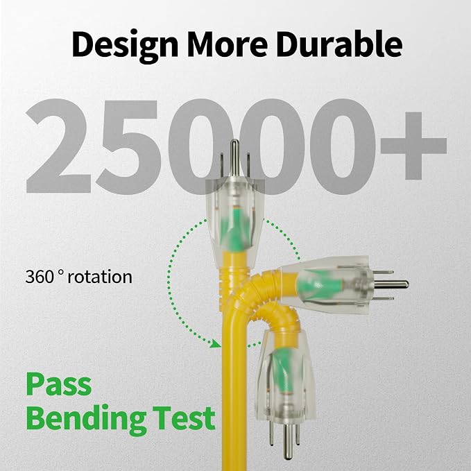 POWGRN 2 Pack 50 ft 12/3 Outdoor Extension Cord Waterproof Heavy Duty with Lighted Indicator End 12 Gauge 3 Prong, Flexible Cold-Resistant Long Power Cord Outside, 15Amp 1875W SJTW Yellow ETL Listed