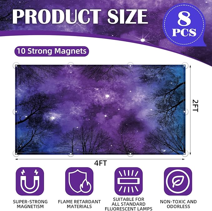 ANGSYLTH 8 Pcs Fluorescent Light Covers - 4 x 2 Feet Covers for Ceiling Lights, 8 x 10 Magnetic Light Filters for Classroom, Office, Hospitals (Forests & Starry Sky)