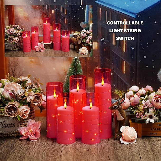 kakoya Flameless LED Candles with Timer 5 Pc Flickering Flameless Candles for Romantic Ambiance and Home Decoration Stable Acrylic Shell,with Embedded Star String，Battery Operated Candles(Pink)