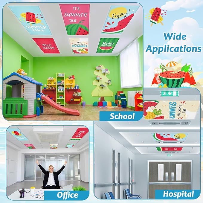 8 Pcs Fluorescent Light Covers with 80 Magnets Decorative for Classroom Ceiling Lights 4 x 2 Feet Magnetic Light Cover Filter Easy Install for Office Hospital Home Ceiling Supplies (Summer Watermelon)