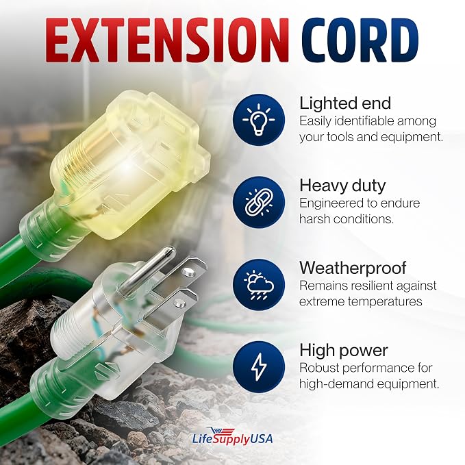 10ft Outdoor/Indoor Extension Cord 14/3 Gauge Heavy Duty 3 Prong SJTW, Waterproof, Flexible Cold-Resistant Long Power Cord,15A 125V 1875W, Green by LifeSupplyUSA