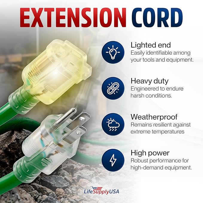 200ft Outdoor/Indoor Extension Cord 10/3 Gauge Ultra Heavy Duty 3 Prong SJTW, Waterproof, Flexible Cold-Resistant Long Power Cord,10A 125V 1250W, Green by LifeSupplyUSA