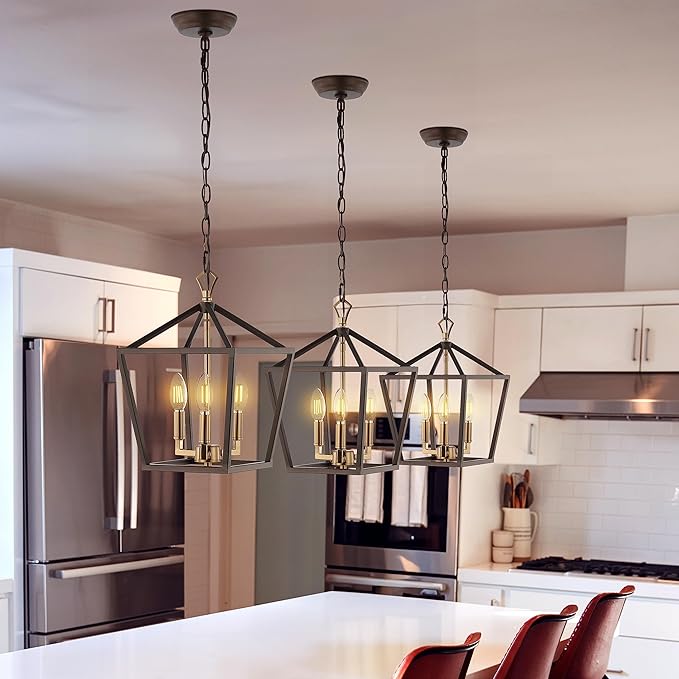 JONATHAN Y 10" Oil Rubbed Bronze/Brass Gold 3-Light Pagoda LED Pendant Lantern, Classic Modern Farmhouse Chandelier for Kitchen Island, Dining Room, Entry, Foyer, Rustic Iron Frame (JYL7601D)